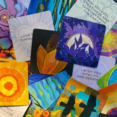 Little square cards with beautiful paintings inspired by nature. With blessings and messages of hope on the other side. 